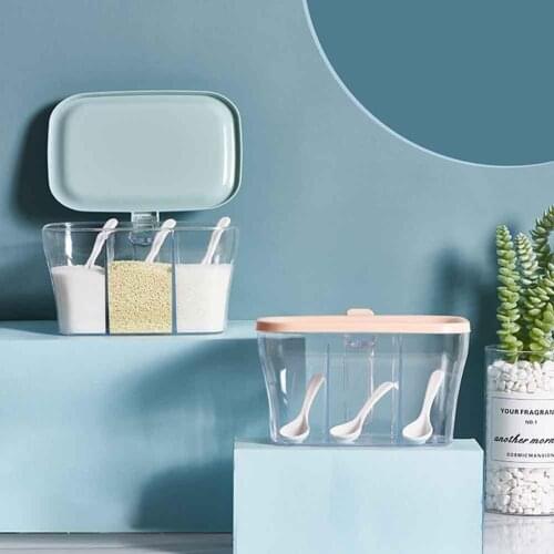 3-Grid Kitchen Transparent Salt Sugar Spice Seasoning Storage Box Container