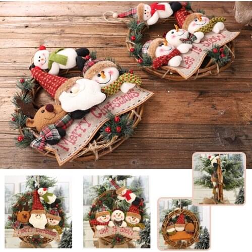 Hot Sale “Merry Christmas”Sign Hanging Front Door Rattan Circle Cartoon Letter Plaque Santa Snowman Elk Party Home Wall Decor