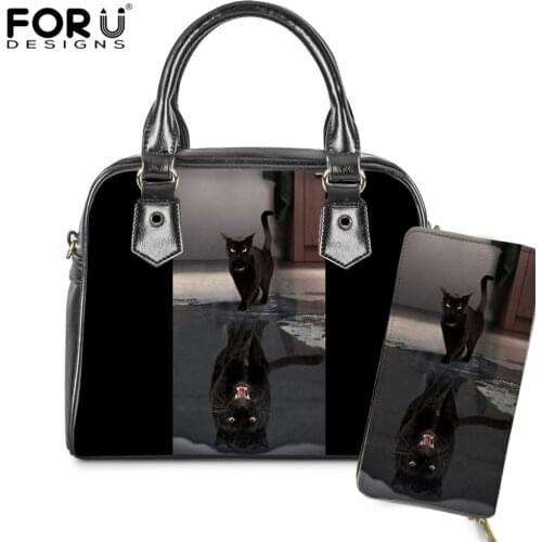 FORUDESIGNS Black Cat Predator Black Ladies Handbags Casual Pu Leather Women Crossbody Shoulder Bags Woman 2pcs/set Tote Bolsas