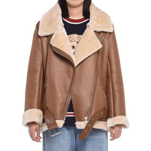Women Winter Lambs Wool Jackets Outerwear Faux Lamb Leather Jacket Leather Coat New Fur Collar Zipper Parka Warm Thick