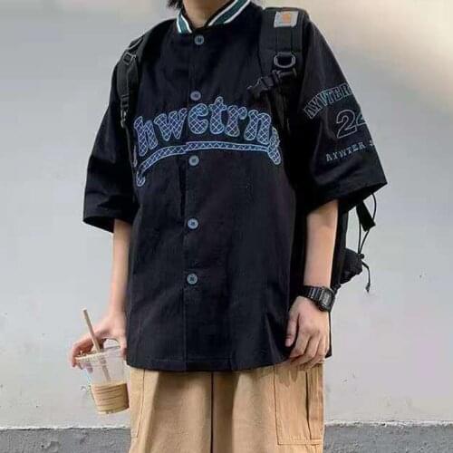 Summer American Letter Embroidery Street Baseball Collar Women Shirts Men Black Top Sports Loose Shirt Blouses Baseball Jacket