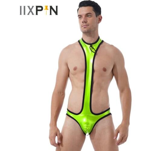 Men Patent Leather Leotard Erotic Catsuit O Ring Round Neck Bodysuit Bulge Pouch Open Butt Jumpsuit Party Club Stage Show Outfit