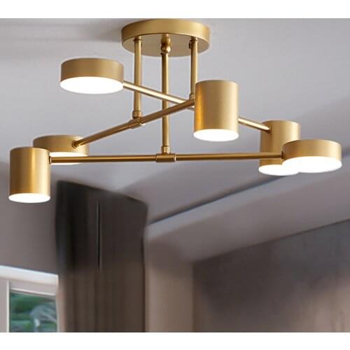 Nordic modern minimalist chandelier bedroom LED ceiling lamp living room personality Gold room wood plus iron lighting