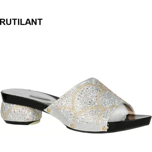 New Sliver Color African Slippers Summer High Heels Sexy Pumps High Quality African Low Heels Pumps African Women Wedding Shoes