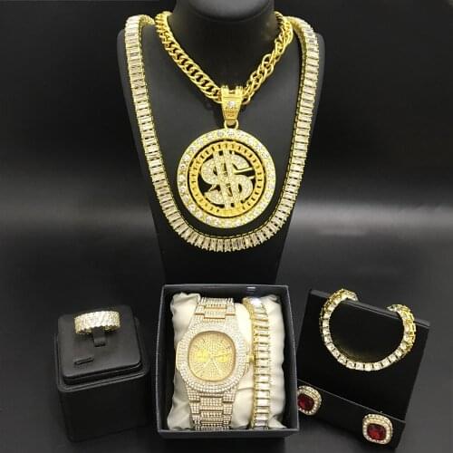 Luxury Men Gold Color Watch & Neckalce & Braclete & Ring & Earrings Combo Set Ice Out Cuban Crystal Miami Chain Hip Hop For Men