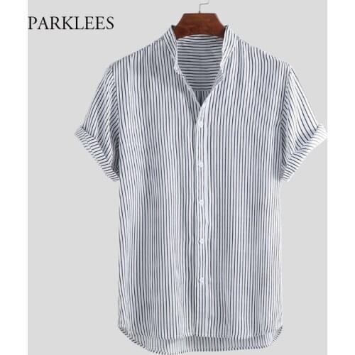 Striped Shirt Men Summer Fashion Short Sleeve Mens Social Shirts Stand Collar Casual Camisas Oversized Comfortable Chemise Homme