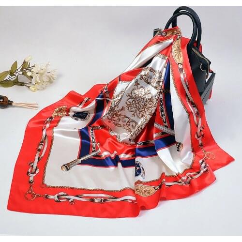 Silk Scarves for Women Chain Print Foulard 90cm Satin Square Head Hijab Scarfs For Ladies Luxury Brand Shawl Bandana Large Scarf