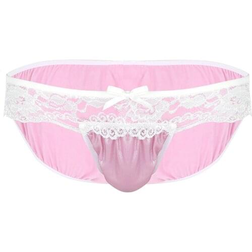 Men Shiny Sexy Bikini Briefs Adult Sissy Gay Stretchy Low Waist Underwear Soft Lovely Panties Male Floral Lace Bow Underpants