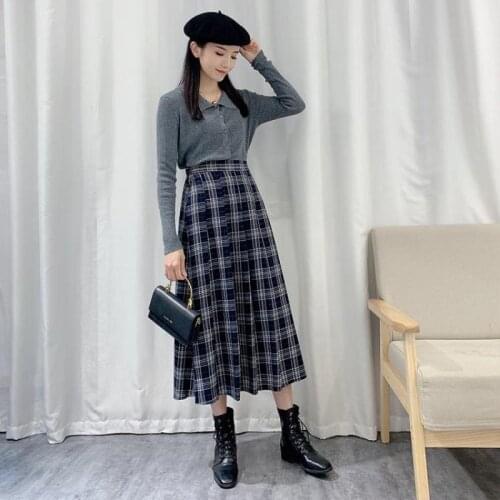 2021 Autumn Winter New Simple Black Plaid Pleated Skirt Casual High Waist Slim Temperament Women A-line Long Skirt Free Shipping