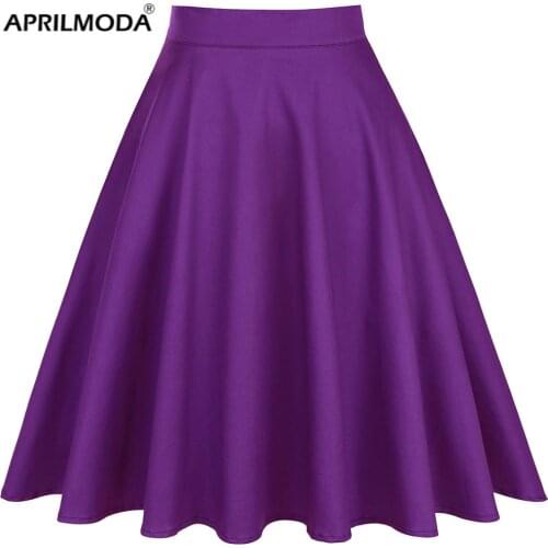 Women High Waist Midi Skirt Summer Vintage Style Cotton Solid Color Purple Ladies A Line Flare Swing Pin Up Rockabilly Skirts