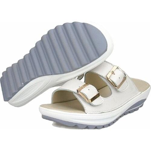 Women Girls Summer Slippers Buckle Real Leather Slides Shoes Solid Thick Sole Heels Beach Sandals Women Outside Flip Flops