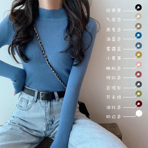 Half Turtleneck Womens Sweater Long Sleeve Autumn Thin All-match Turtleneck Sweater Stretch Matte Blue Pullover Womens Top