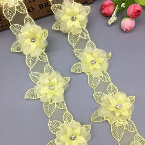1 yard Yellow Pearl Rhinestones Flower Leaf Handmade Beaded Embroidered Lace Trim Ribbon Applique Wedding Dress DIY Sewing Craft