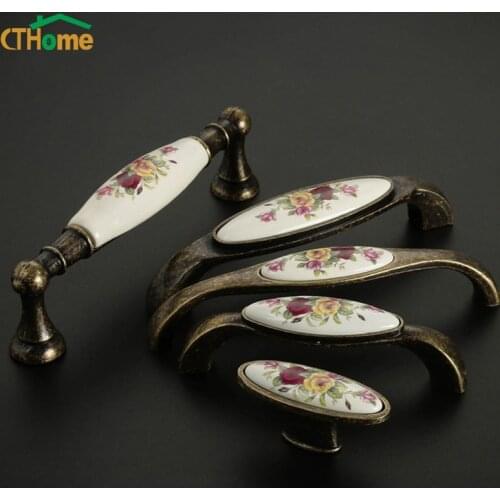 128Antique Bronze handle furniture Ceramic Cabinet Handles Zinc Alloy Drawer Knobs Wardrobe Door Handles European Rose Furniture