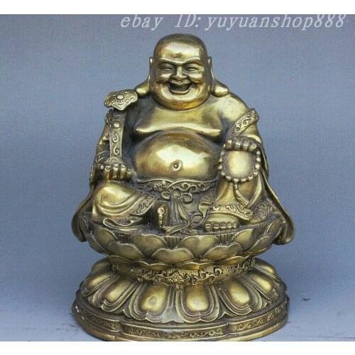 7" Chineae Buddhism Brass Ru Yi Bead Happy Laugh Maitreya Buddha Wealth Statue 160817