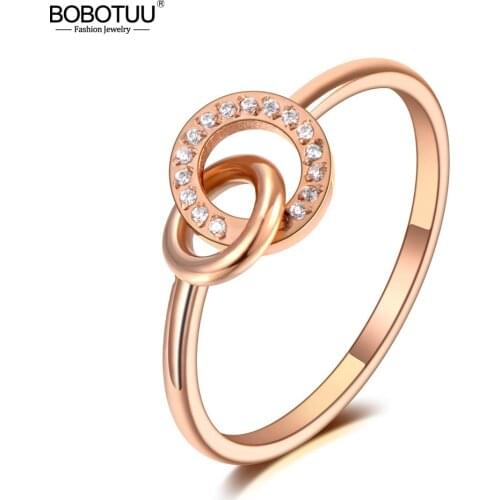 BOBOTUU Original Design Titanium Stainless Steel Rhinestone Circle Rings New Rose Gold CZ Crystal Party Ring For Women BR20036