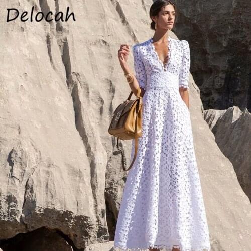 Delocah Women Summer Fashion Runway Designer Party Midi Dress Long Sleeve Lace High Waist Elegant Bodycon Ladies A-Line Dresses