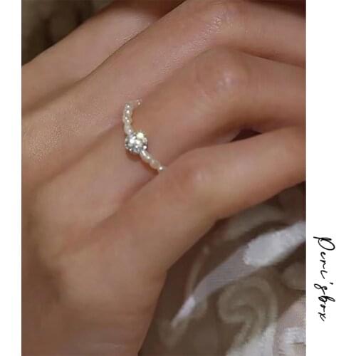 PerisBox Minimalist Multi Bead Natural Freshwater Pearl Rings For Women With Shiny Zircon Ball Romantic Adjustable Elastic Ring
