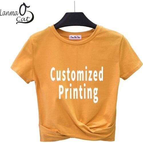 Lanmaocat T-shirt For Women Black Casual Cross Crop Top Shirts For Girls Customized Logo Printing Cotton Clothing Free Shipping