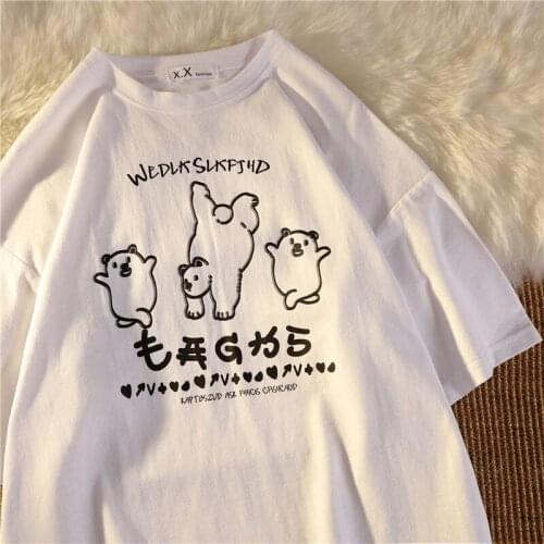 Japanese Tee Vintage Bears Printed T Shirts Pure Cotton O-neck Casual Summer Tops Harajuku Teens Clothes Basic Shirts for Women