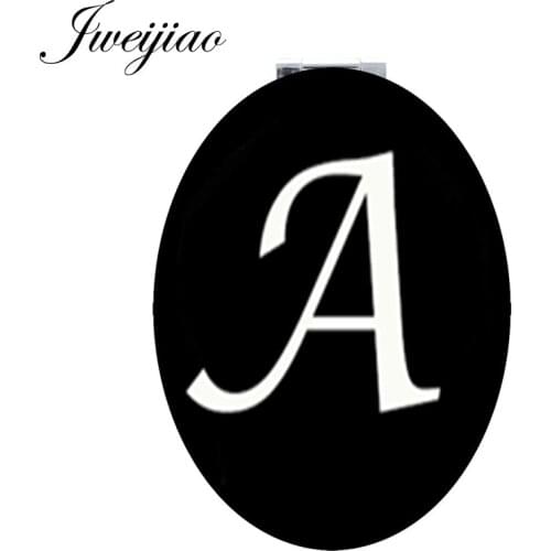 JWEIJIAO 26 Letters Alphabet Black and White Oval Pocket Mirror Folding Leather PU Portable Makeup Travel Purse Mirror H415