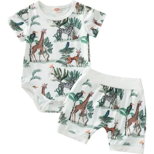 2Pcs Baby Clothes Summer Tracksuit Giraffe Print Short Sleeves Romper Elastic Waist Shorts For Toddler Girls Boys 0-24 Months
