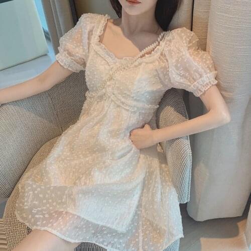 Summer Chiffon Lace Fairy Dress Women Backless Design Puff Sleeve Party Mini Dress Female Patchwork Korean One-piece Dress 2021