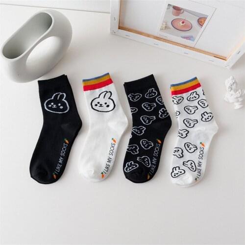 Animal Print Cartoon Cute Socks White Striped Calcetines Woman Harajuku Kawaii Women Skarpetki Damskie Funny Chaussette Cotton