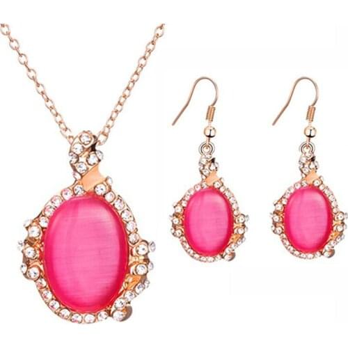 Water Drop Jewelry Sets Opal Cat Eye Stone Pendant Gold Color Chain Necklace Earrings Bridal Wedding Anniversary Gifts Fashion