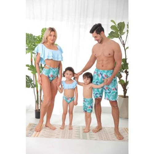 2021 Summer New Family Matching Swimwear Men Women Kids Boys Girls Feather Print Bikini Beachwear Bathing Beach Soft Swimsuits