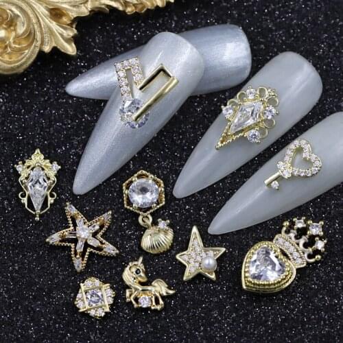 New manicure jewelry Japanese super flash special shaped zircon luxury plating genuine gold color keeping star moon crown Nail