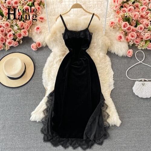 HangCode Luxury Velvet Black Womens Dress Sexy Backless Lace Patchwork Slit Spaghetti Strap Dress Autumn Long Party Dress
