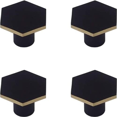 Hexagon Black Kitchen Cabinet Knobs and Pulls Brass Drawer Cupboard Wardrobe Door Pull Handles-4Pack