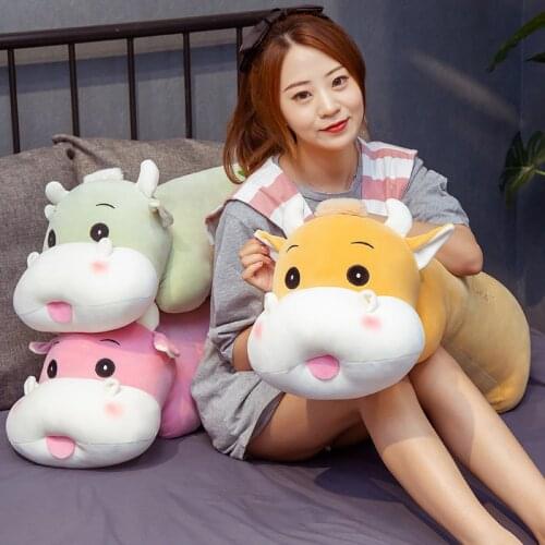 Cute Lying Cattle Plush Long Pillow Soft Stuffed Cartoon Animal Doll Milk Cow Sleeping Pillow Cushion Friends Lovers Gifts