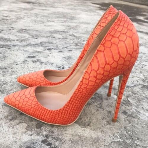 Thin Heel Women Shoes Orange Snakeskin Pattern Pointed High Heels 12cm Stiletto Pumps High Heels Sandalias Chaussures Femme