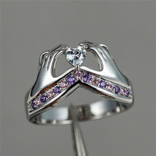 Unique Female Hand Small Heart Claddagh Ring Cute Purple Pink Stone Ring Fashion Love Engagement Rings For Women