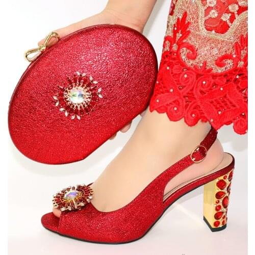 High Quality African Luxury Square Heels Shoes With Matching Bag Set Sweet Woman Sandals Shoes And Purse Set For Christmas Party