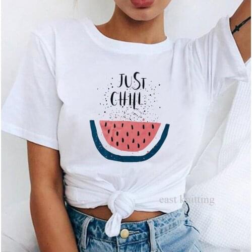 Watermelon Fruits Print Women T-shirt Female Fashion Tee Tops Graphic T Shirt Girls Kawaii Just Chill Short Sleeve Clothes
