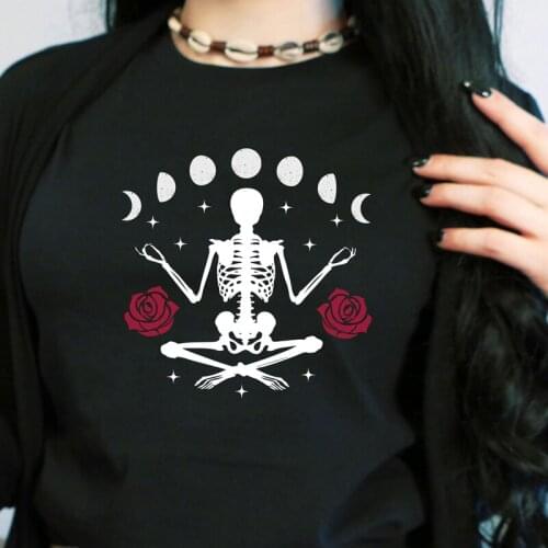Skeleton Meditation Moon Phases Colored T-shirt Aesthetic Women Yoga Workout Tshirt Gothic Skull Halloween Tee Shirt Top