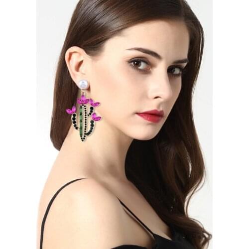JOUVAL New Fashion Cactus Shape Alloy Drop Earrings For Women Rhinestone Simulated Pearl Elegant Long Earring Wedding Jewelry