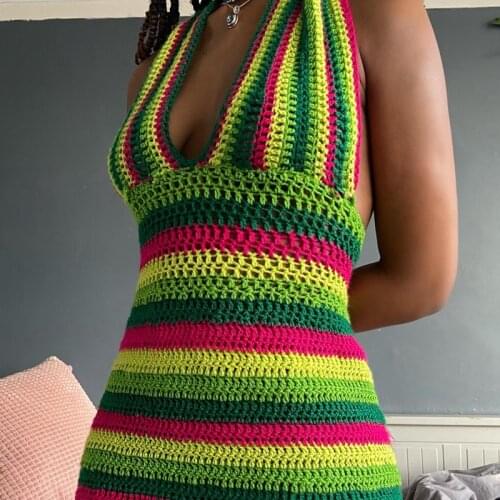 Chic Women Summer Knitted Dress Beach Style Sexy Backless Deep V-neck Halter Bandage Dress Y2K Streetwear Vacation Vestido