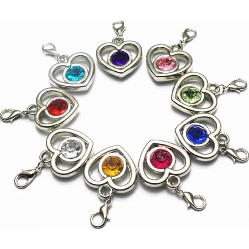Mix color 20pcs crystal birthstone heart charm dangle charms lobster clasp charms diy bracelet&bangle jewelry charm