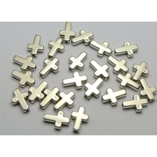 200 Silver Colour Tone Metallic Acrylic Smooth Cross Beads 13X9mm