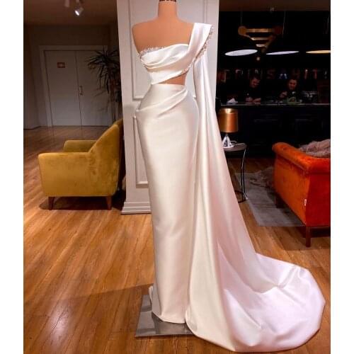 2021 One Shoulder White Prom Dresses Crystal Ruffles Mermaid Evening Gowns Party Wear Custom Made Cocktail Dress