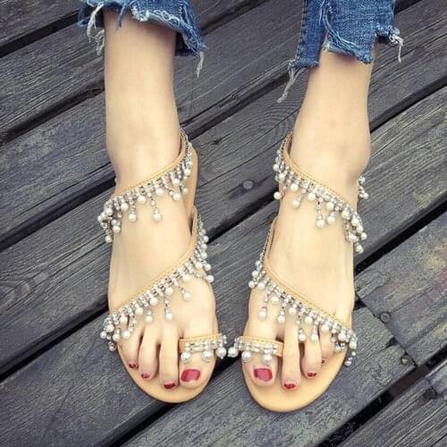 42 43 big size pearl beading sandals women crystal pendant gladiator sandalias mujer 2019 clip toe pearl slippers cross band 212