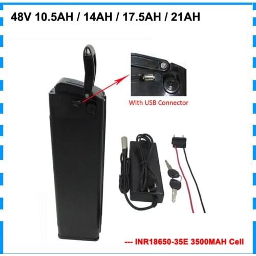1000W 48V 21AH Ebike battery 48 V 14AH 17AH lithium silver fish battery INR18650 35E 3500MAH Cell USB Port BMS 54.6V 2A Charger