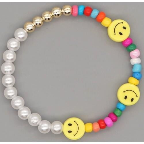 Go2Boho Smile Face Bracelets Colorful Beads Rainbow Beaded Bracelet For Women Pearl Cute Yellow Smiley Charm Party Jewelry