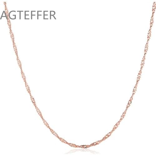 AGTEFFER 925 Sterling Silver Rose Gold 18 Inches Water Wave Chain Necklace For Women Man Fashion Wedding Party Charm Jewelry