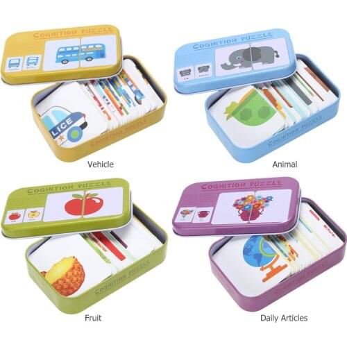 Baby Cognition Puzzle Toys Kids Montessori Iron Box Cards Matching Game Cognitive Card Vehicl Fruit Animal Puzzle Education Card