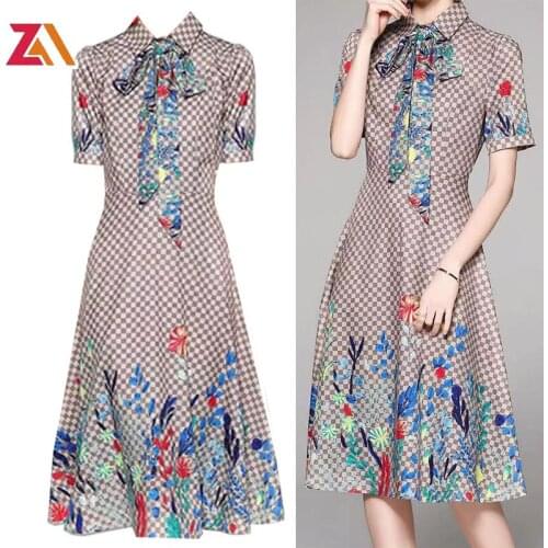 Designer summer short sleeve dresses for women clothing vintage Plaid floral bow collar elegant ladies midi dress vestidos mujer